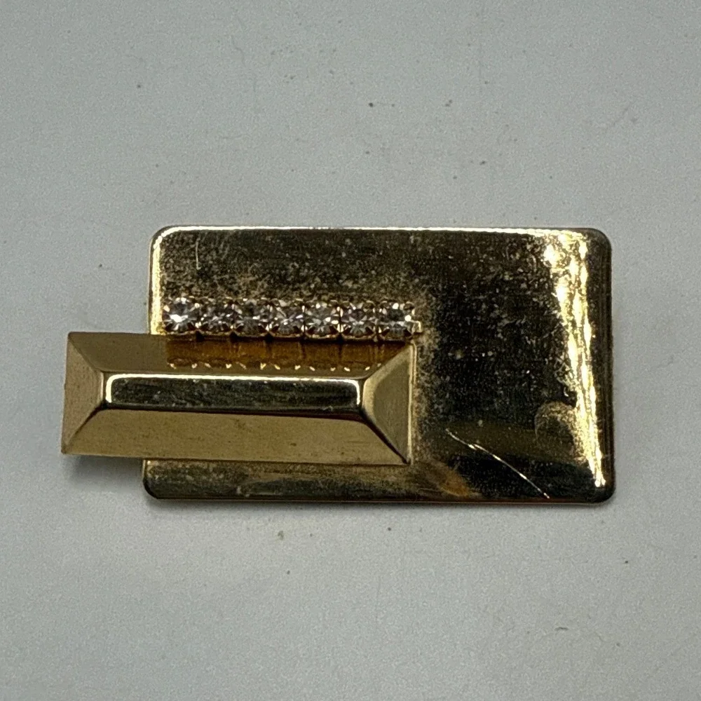 Vintage Gold Tone Geometric Rhinestone Rectangular Brooch Mid Century Modern Pin
